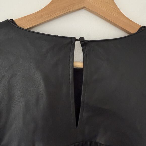 ZARA Ruffled Tiered Faux Leather Babydoll 3/4 Puff Sleeve Top Black Size Medium - Picture 4 of 8